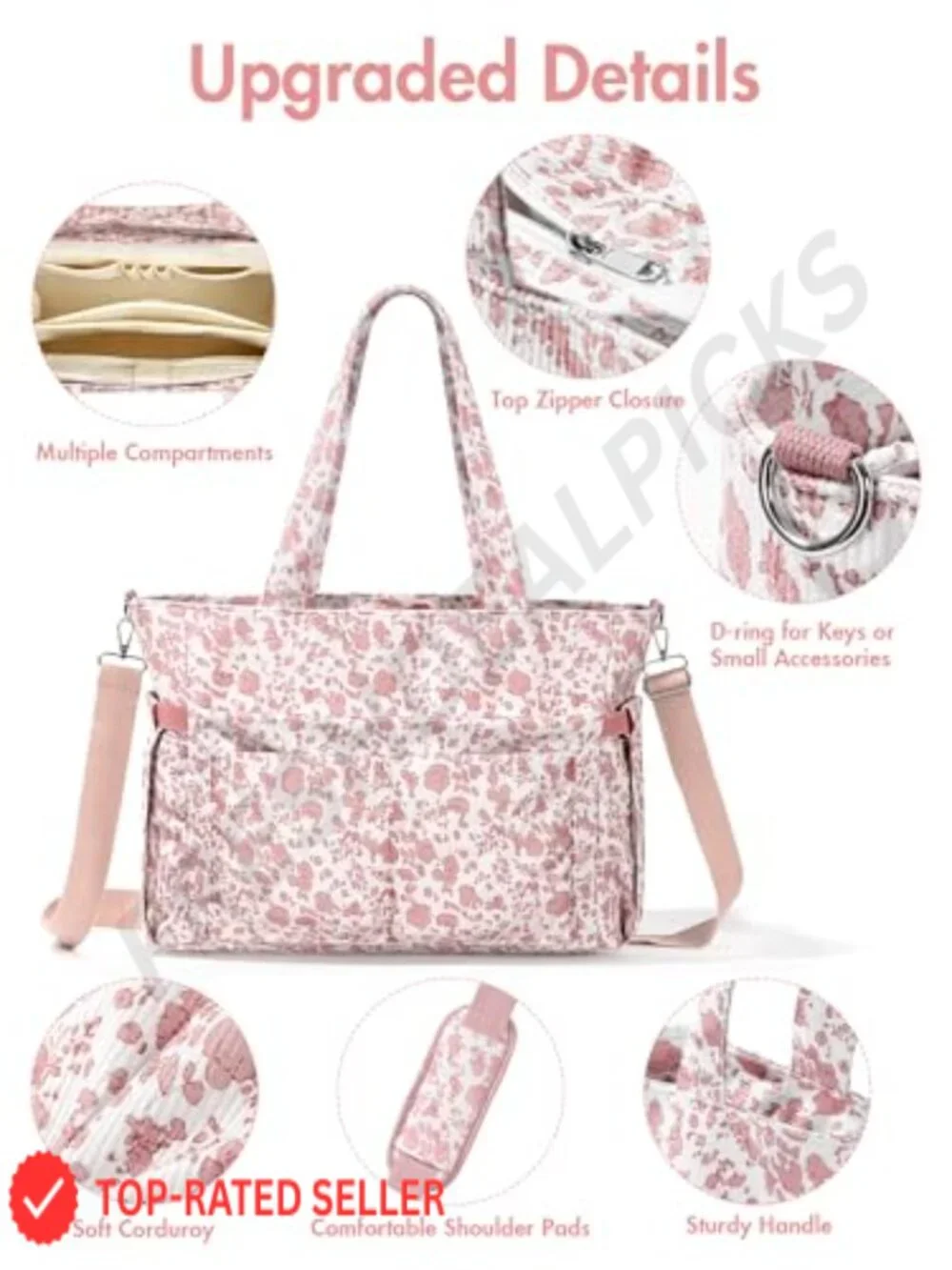 Corduroy Tote Bag with Cup Holder, 17 Pockets, Laptop Work Handbag
